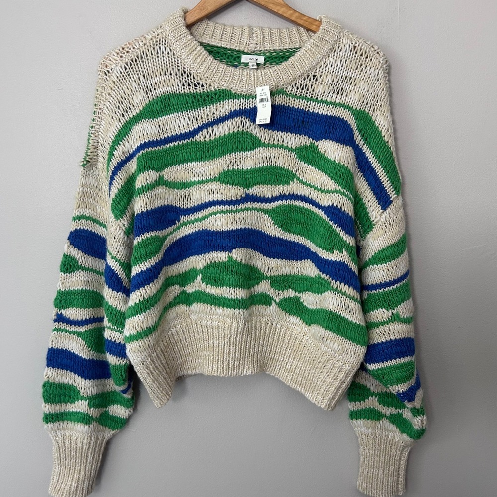 Aerie Sweater Womens Small Green Blue Striped Open Knit Wool Blend Cropped NWT